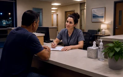 Behavioral health staff member assisting a visitor during a crisis services intake conversation