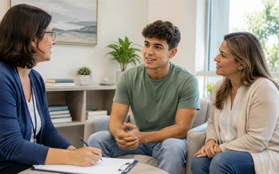 Mental health professional meeting with a young adult and family members during a behavioral health support conversation