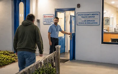 Staff member welcoming a man into South County Mental Health Center’s crisis services intake and evaluation facility at night.