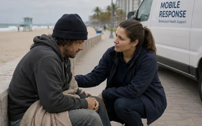 Mobile Response counselor providing behavioral health crisis support to a man experiencing homelessness near the beach.