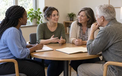 Woman and a loved one discussing continued care with two mental health professionals around a table.