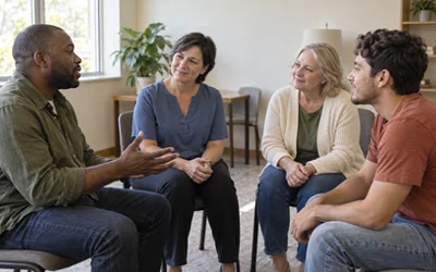 Mental health facilitator and three adults sharing a supportive group conversation in a care facility.