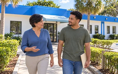 Mobile Response Team – Next Steps Mental health professional and a man walking and talking outside a community health center.