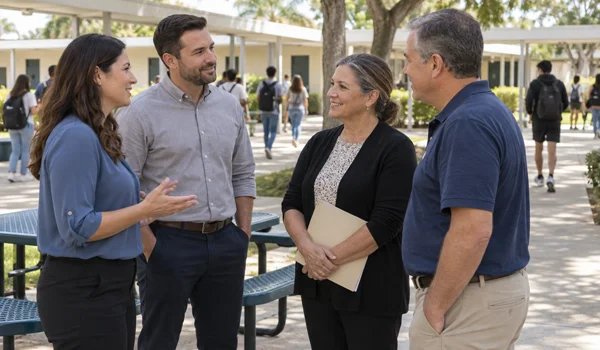 Mobile Response Team – School and Community Outreach Mental health response team meeting with school staff in a high school courtyard, with students walking in the background.