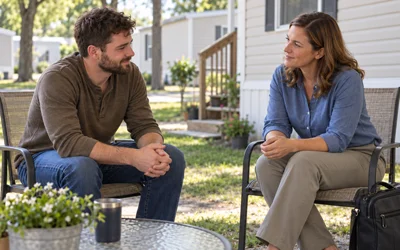 Mobile Response Team – Immediate Support Man and mental health clinician having a supportive conversation outside a mobile home.