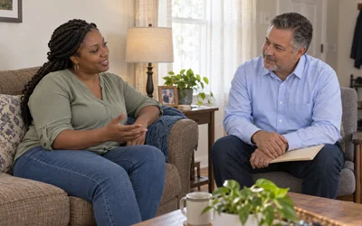 Mobile Response Team – The Right Level of Care Woman and mental health clinician having a relaxed conversation in her living room.