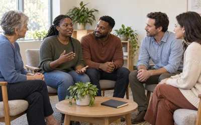 Woman and her partner meeting with three mental health professionals in a welcoming counseling room.