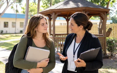 Young woman receiving case management support outside near the SCMHC Delray Beach courtyard gazebo.