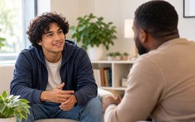 Young adult speaking with a peer support specialist in a warm counseling setting for the SCMHC Navigate Program.