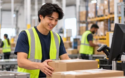 Young adult working in a warehouse as part of supported employment services through the SCMHC Navigate Program.